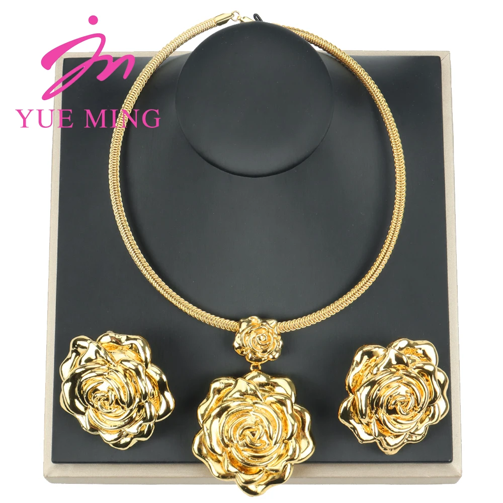 

Fashion Jewelry Sets Flower Shape Earrings and Pendant Set for Women Necklace Copper Golden Collar Geometric Wedding Party Gift