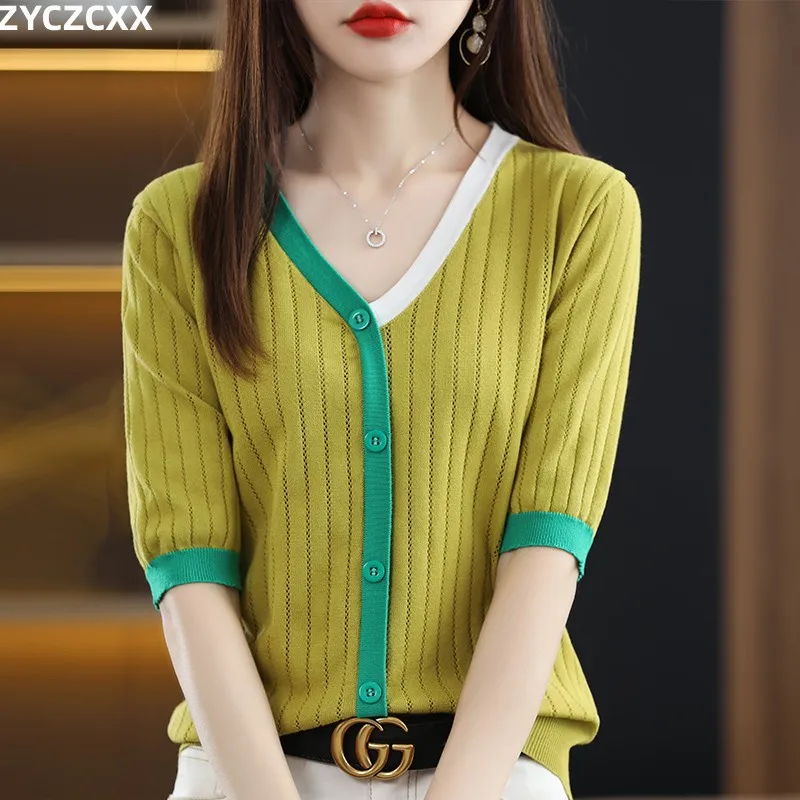 

ZYCZCXX Женская футболка из вискозы с V-образным вырезом, вязаный кардиган с коротким рукавом, Новинка лета 2023, крутой тонкий модный топ с коротким рукавом...