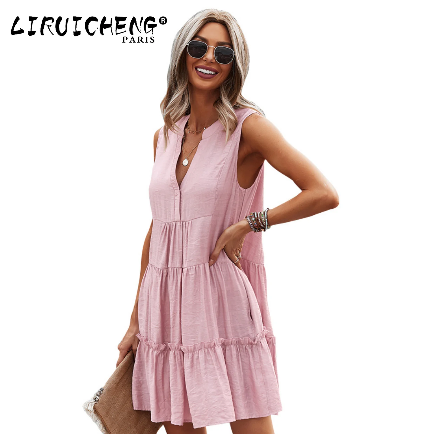 

2023 Women's Fashion Temperament Comfortable Wind V-neck Sexy Solid Color Sleeveless Dress In Summer