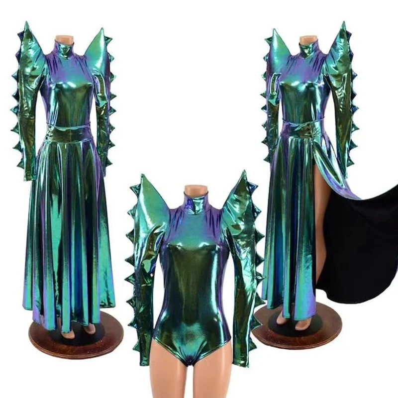 Женский и мужской лазерный боди с летающими плечами длинная юбка для ночного