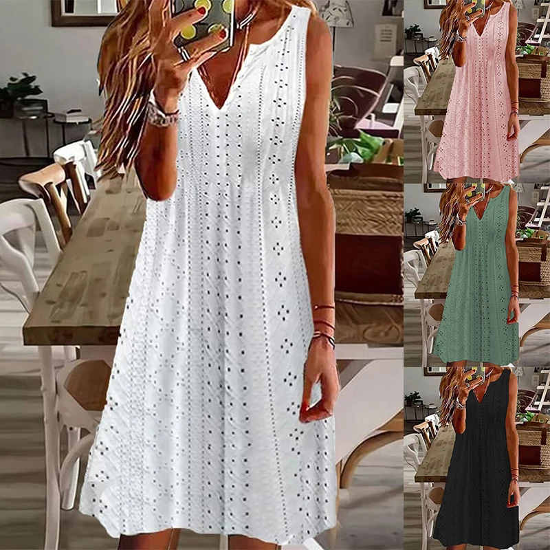 

Summer Women's Clothing Casual V-neck Sleeveless Loose Solid Color Dress Elegant Pullover Hollow Party Vest Midi Dress Streewear