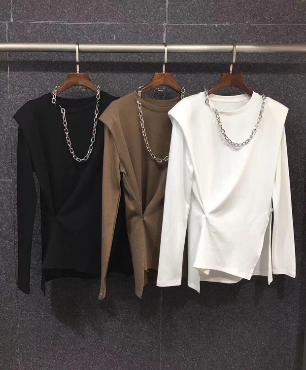 

2022 new women fashion round neck shoulder pads chain button decoration long-sleeved all-match blouse 1218