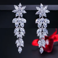 luxury marquise cluster flower shape cubic zirconia long dangle drop earrings for brides wedding jewelry