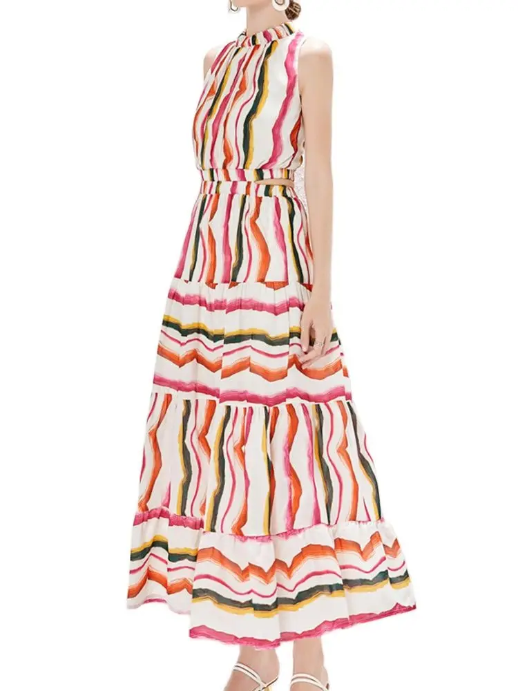 

Elegant Dress Striped And Dyed High -Waist Sleeveless Hanging Neck Long Skirt 2022 Summer New Fashion Women'S Clothing