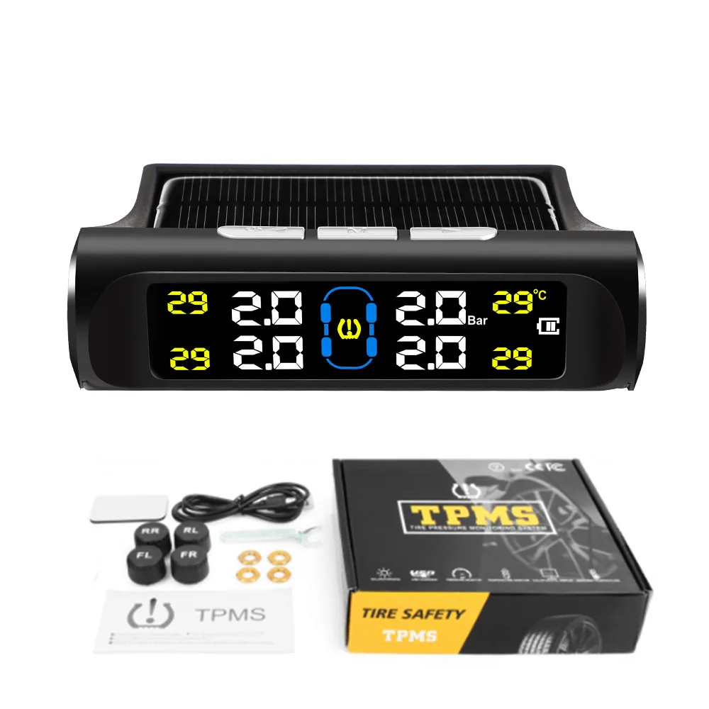 

Солнечная автомобильная сигнализация давления в шинах TPMS, цифровой цветной дисплей, 4 внешних датчика, водонепроницаемая система контроля давления в шинах