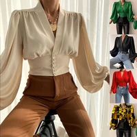 casual shirt women 2022 spring and autumn fashion new v neck waist single breasted long lantern sleeve office top