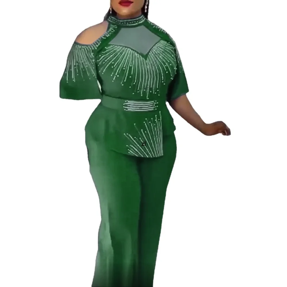 

2 Piece Set Women Party Clothes African Dashiki Ankara Outfits 2022 Summer Fashion Sequin Tops Pants Trousers Suits Two Piece