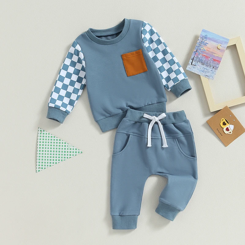 

New Baby Boy Clothes Set Winter Autumn Suit Checkerboard Long Sleeve Sweatshirt Elastic Waist Pants Kids Infant Casual Outfits