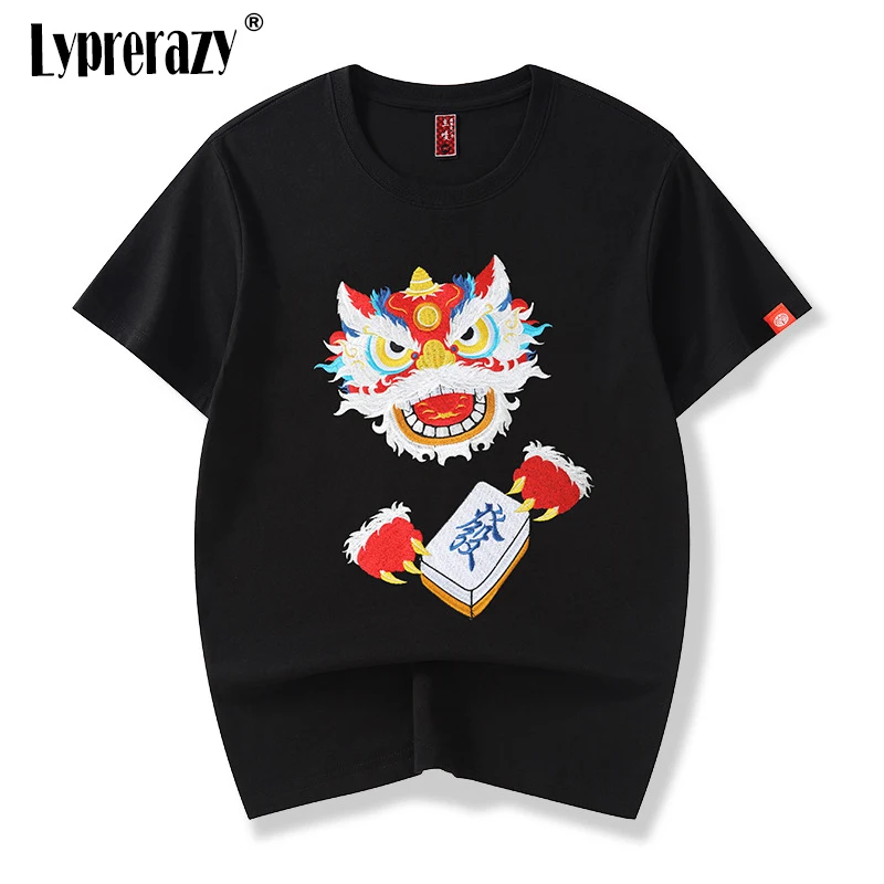 

Летняя новая футболка Lyprerazy в китайском стиле с вышивкой льва, Повседневная Хлопковая мужская футболка с коротким рукавом
