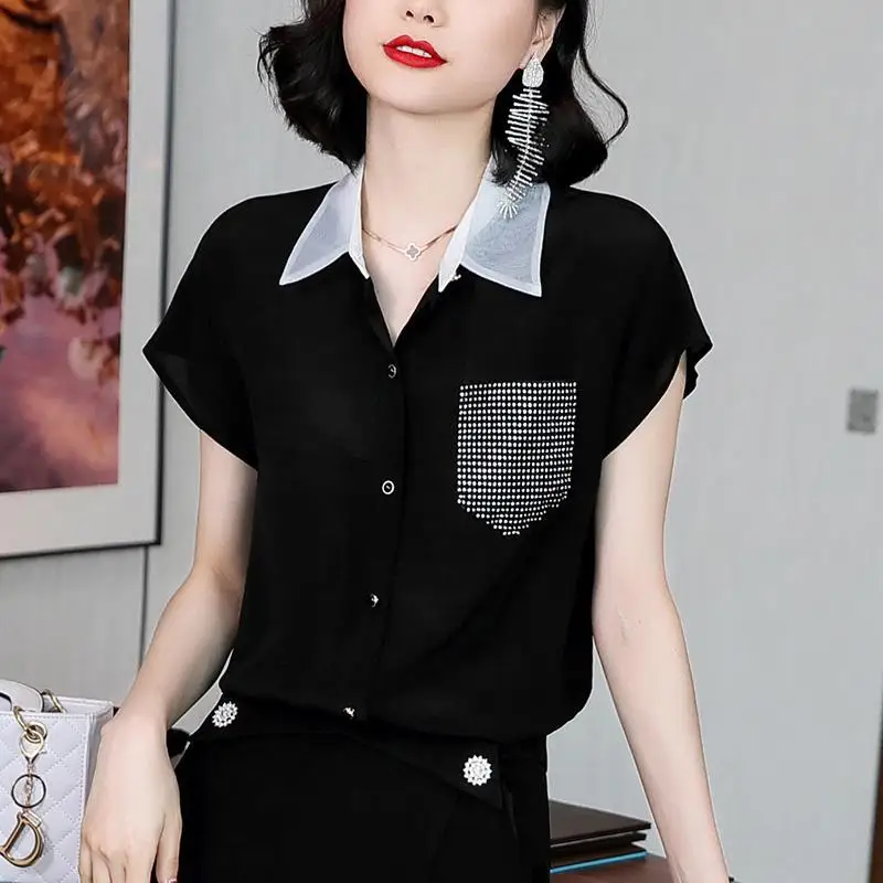 

2022 Women Black Print Chiffon Blouses Shirts Summer New Ladies Office Slim V-Neck Sleeveless Fashion Loose Blouses Tops A55