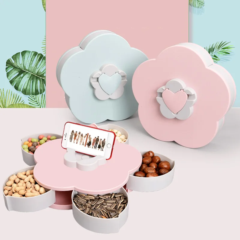 Rotating Candy Plate 2022 Creative Flower Shape Snack Box Living Room Bedroom Peanut Melon Seed Plate with Mobile Phone Bracket