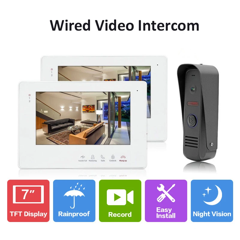 

7" Color Video Door Phone Placa De Video Intercom Wired 2 Monitors Doorbell Recording System With Camera Door Entry Access