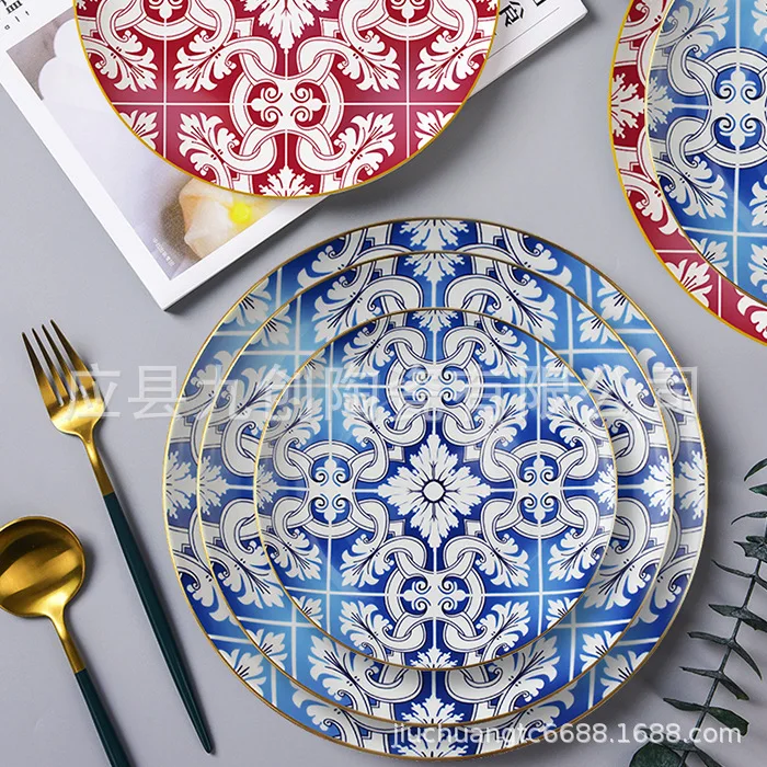 

Plate New Chinese Ceramic Western Cuisine Plate Blue and White Disc Tableware Western Restaurant Cake Salad Dish ceramic plate