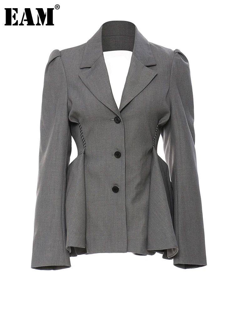 

[EAM] Women Gray Backless Mesh Ruffles Elegant Blazer New Lapel Long Sleeve Loose Fit Jacket Fashion Spring Autumn 2022 1DE9895