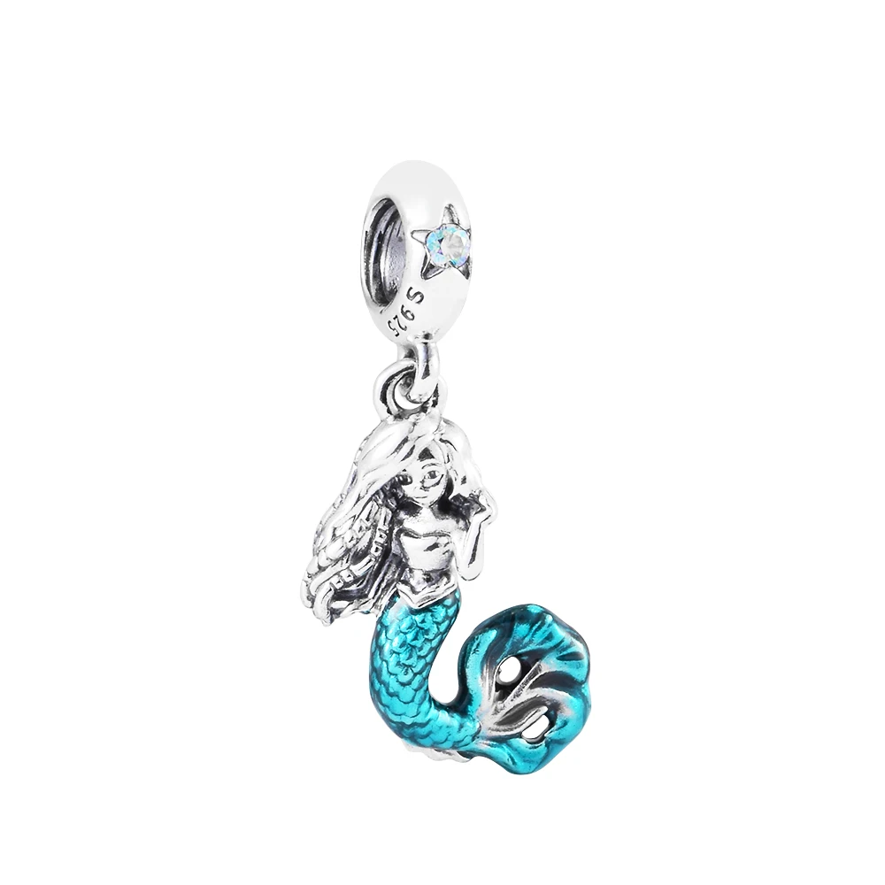 

New 925 Sterling Silver Mermaid Ariel Dangle Beads Charm for Jewelry Making Fit Original Pandora Bracelets Bangle for Women Gift