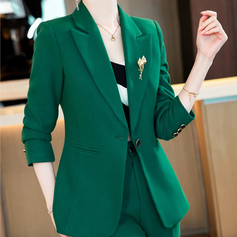 2022  Autumn Winter Formal Ladies Green Blazer Women Business Suits with Sets Work Wear Office Uniform 4XL Size Pants Jacket