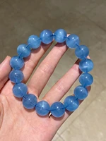 natural blue aquamarine clear round beads bracelet star light 14mm women men brazil stretch big blue aquamarine jewelry aaaaa