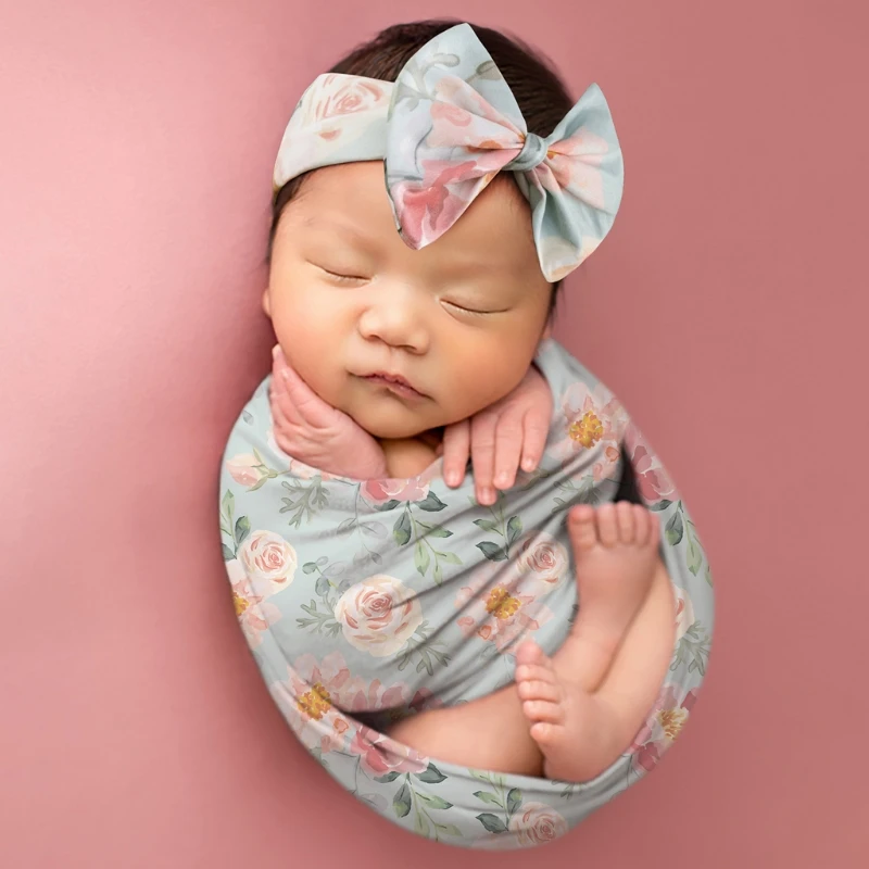 

Newborn Photography Prop Baby Blankets Printed Newborn Infant Baby Boys Girls Sleeping Swaddle Muslin Wrap Headband Set