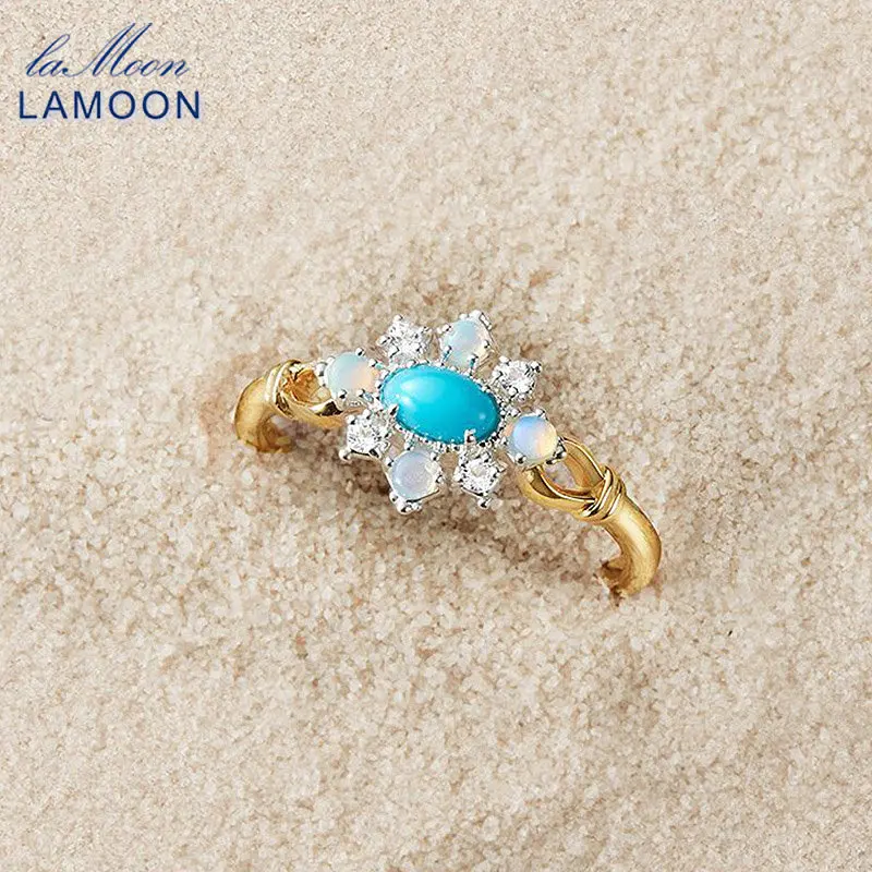 

LAMOON Natural Opal Topaz Turquoise Rings For Women Vingtage Gemstone Ring 925 Sterling Silver Gold Plated Luxury Jewelry RI085