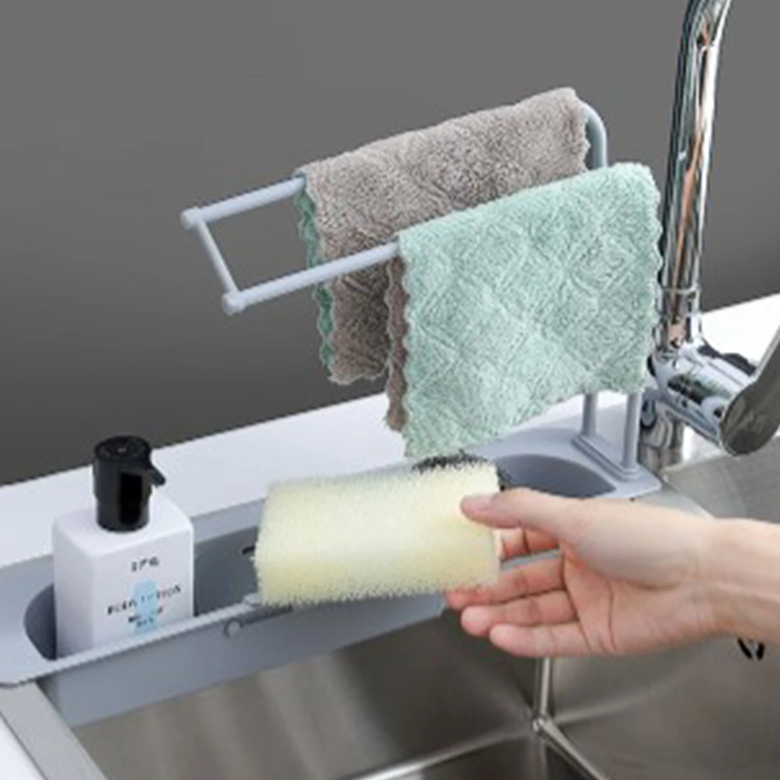 

Telescopic Sink Rack Sponge Holder With Towel Rack Sink Rack Kitchen Organizer Telescopic Sink Sponge Holder Storage Stand
