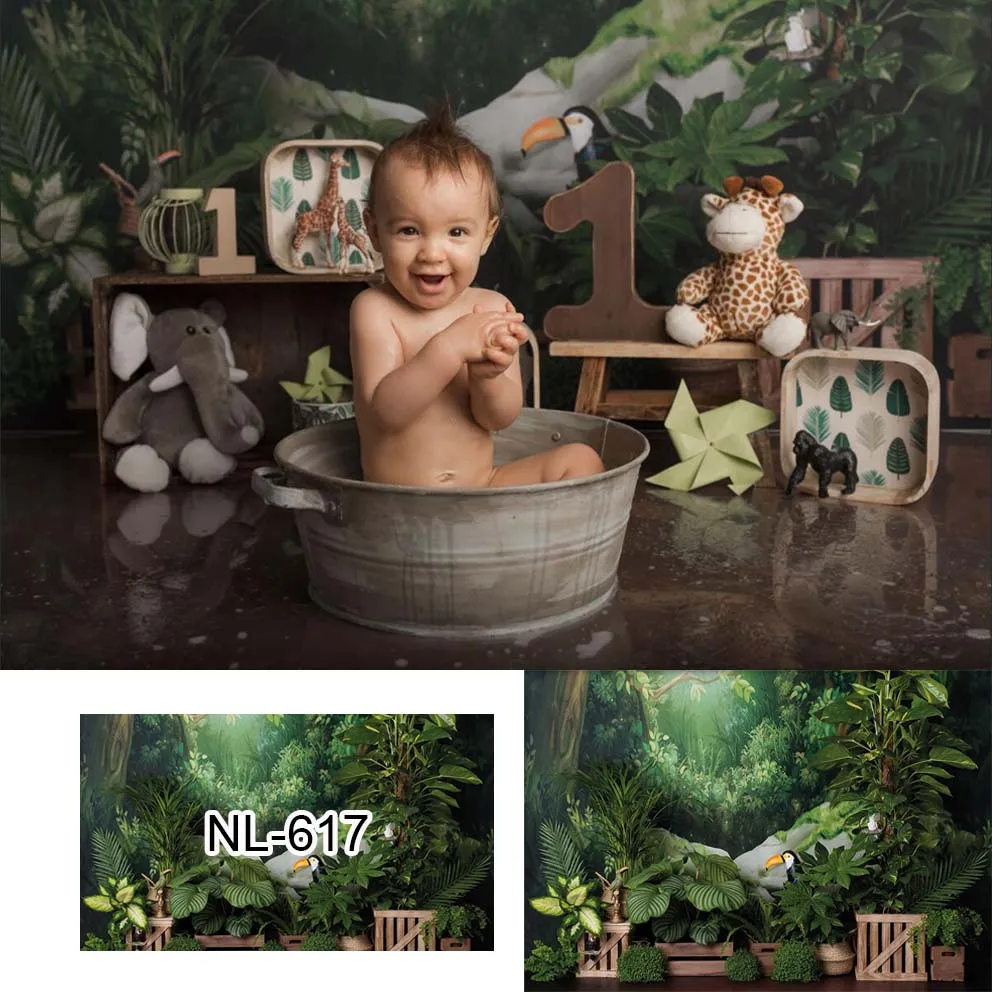 

Green Jungle Children Birthday Cake Smash Backdrop Safari Forest Newborn Kids Photo Background Woodland Portrait Photography