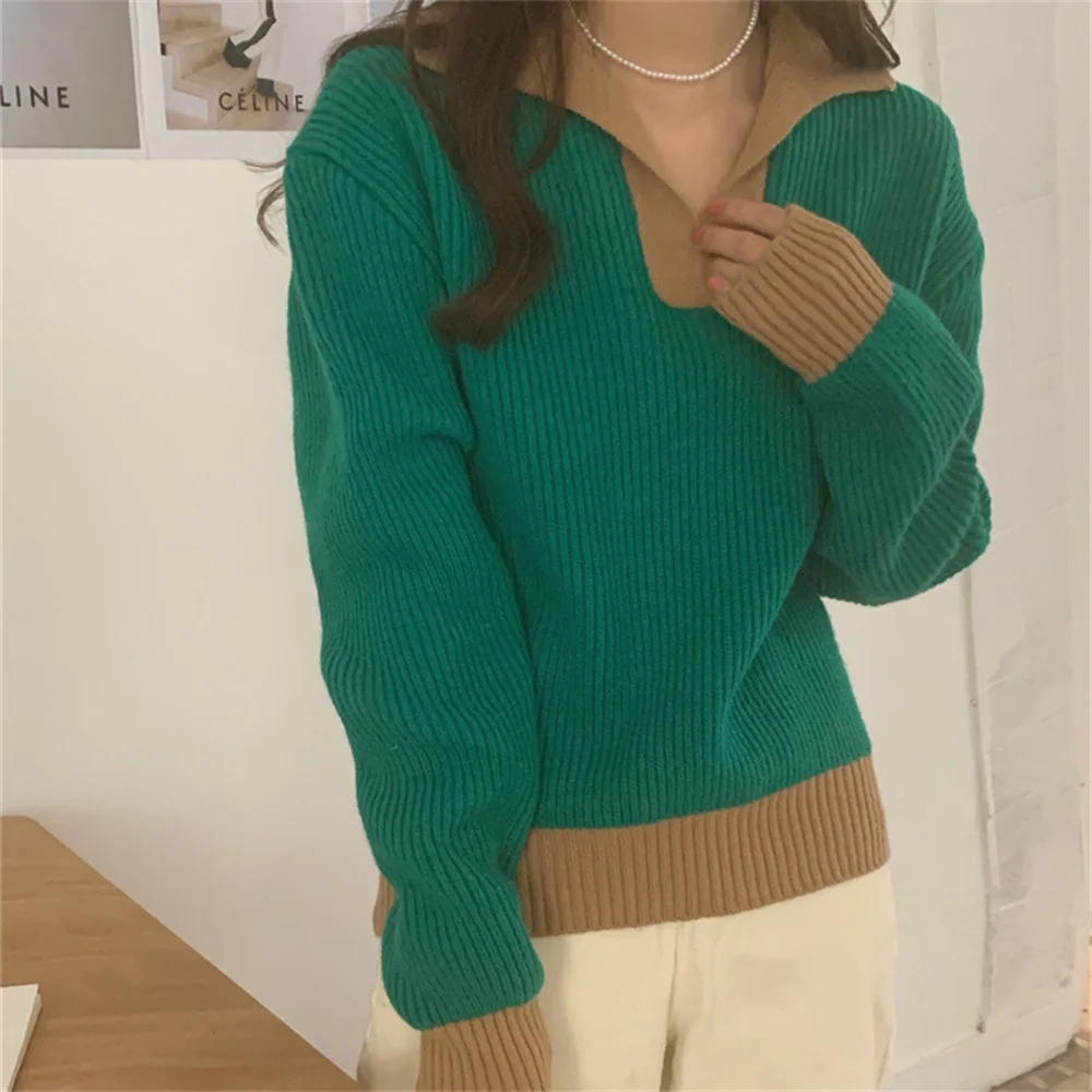 

Лидер продаж, теплый свитер HziriP с V-образным вырезом, Женский офисный осенний модный топ 2022 в стиле пэчворк, милые пуловеры, Элегантная стиль...