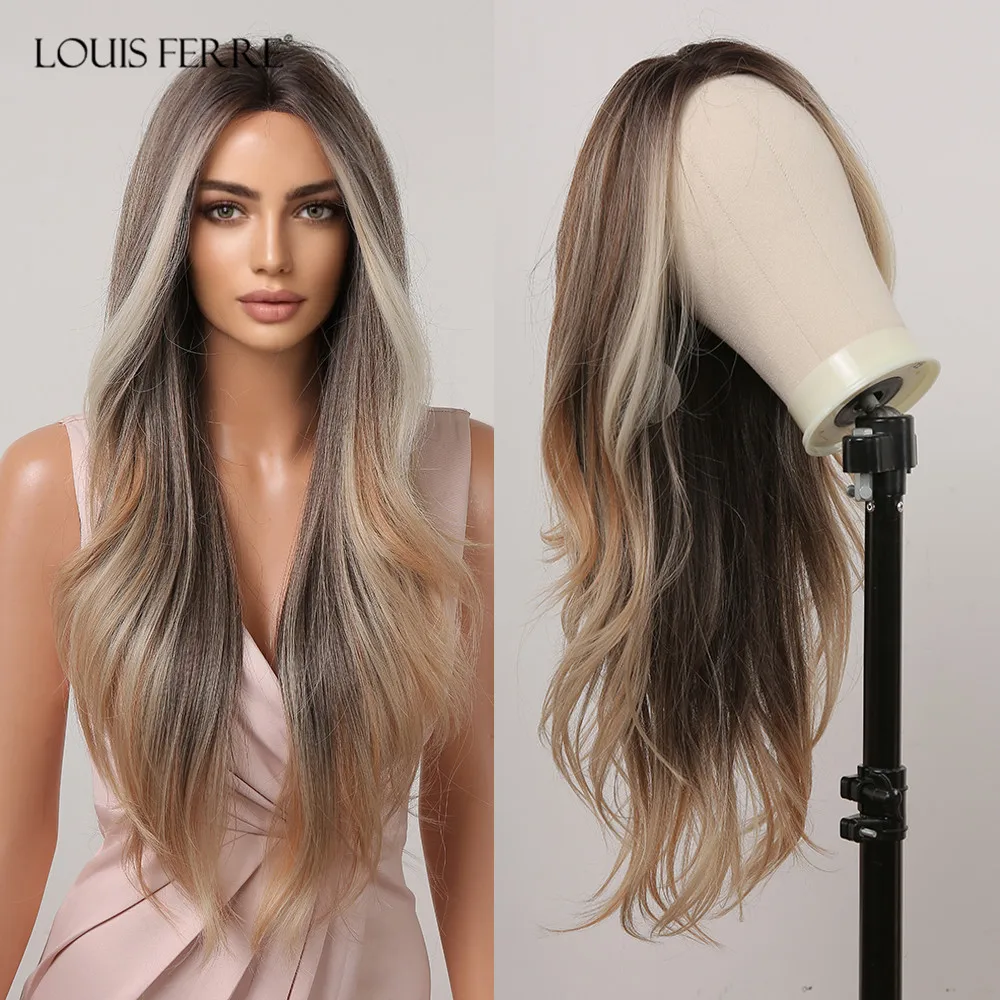 

LOUIS FERRE Ombre Brown Blonde Highlight Wave Synthetic Wig Long Brown Natural Curly Wigs for Women Daily Party High Temperature