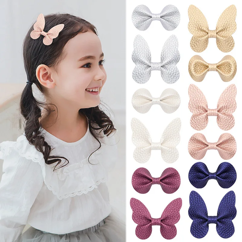 2PCS Bows Hair Butterfly PU Accessories For Girls Kids Clips заколки для волос Accesorios Para El Cabello PU Leather Rose Gold