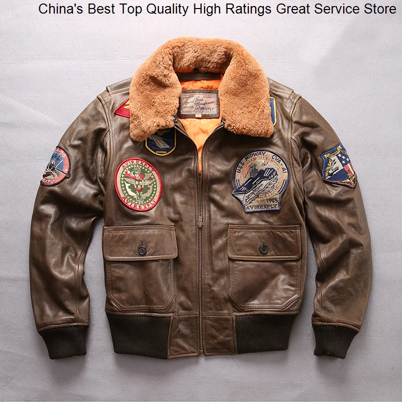 

Free Shipping Air Force DHL Flight G1 Pilot Warm Fur Collar High Quality Genuine Cow Leather Jacket Large Size Coat
