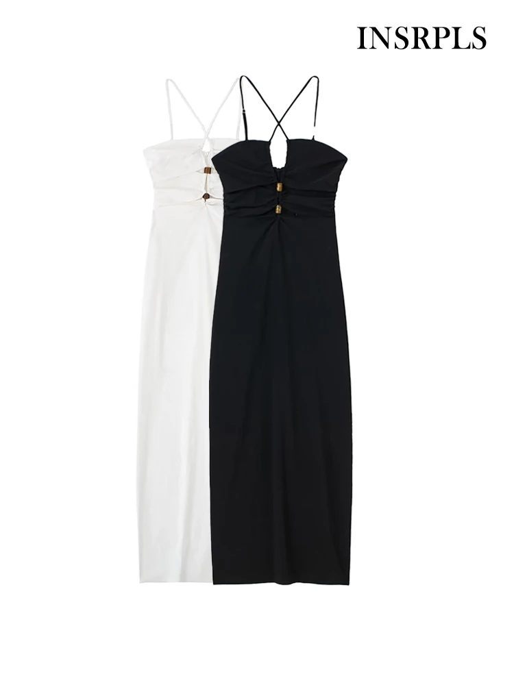 

INSRPLS Women Fashion Front Cut Out Draped Midi Dress Vintage Backless Zipper Thin Straps Female Dresses Vestidos Mujer