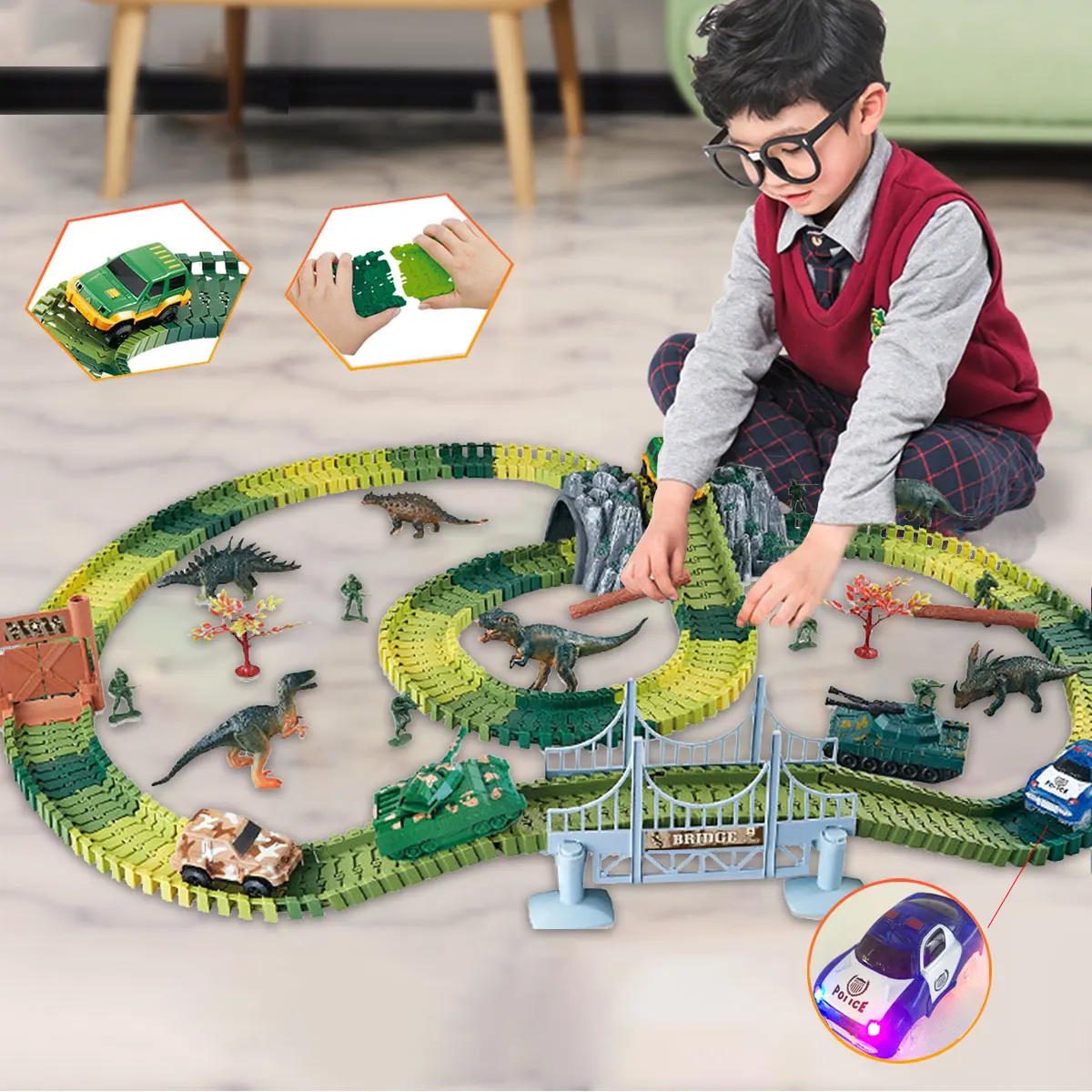 

275Pcs Dinosaur Racing Tracks Rail Car Toys DIY Race Track Flash Light Cars Railway Educational Toys for Boys Gifts