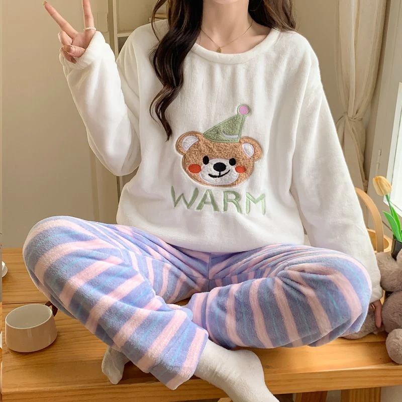 2024 зимние толстые теплые фланелевые пижамные комплекты с длинными рукавами для