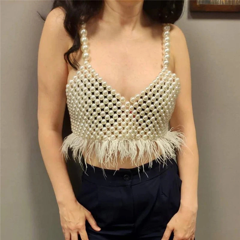 

y2k Corset Top Pearl Clothes For Women Sexy Backless See Through V Neck Sleeveless Feather Spaghetti Strap Elegant Tank Tops