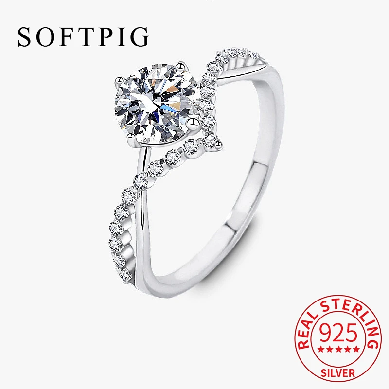 

SOFTPIG Real 925 Sterling Silver 1Ct Moissanite Round Line Wave Ring for Women Wedding Cute Fine Jewelry Minimalist Accessories