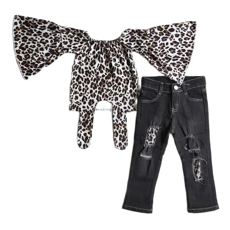 

Женская одежда, 6 цветов, Леопардовый принт, расклешенные рукава, топ, пуговицы, джинсовые брюки, Детский бутик