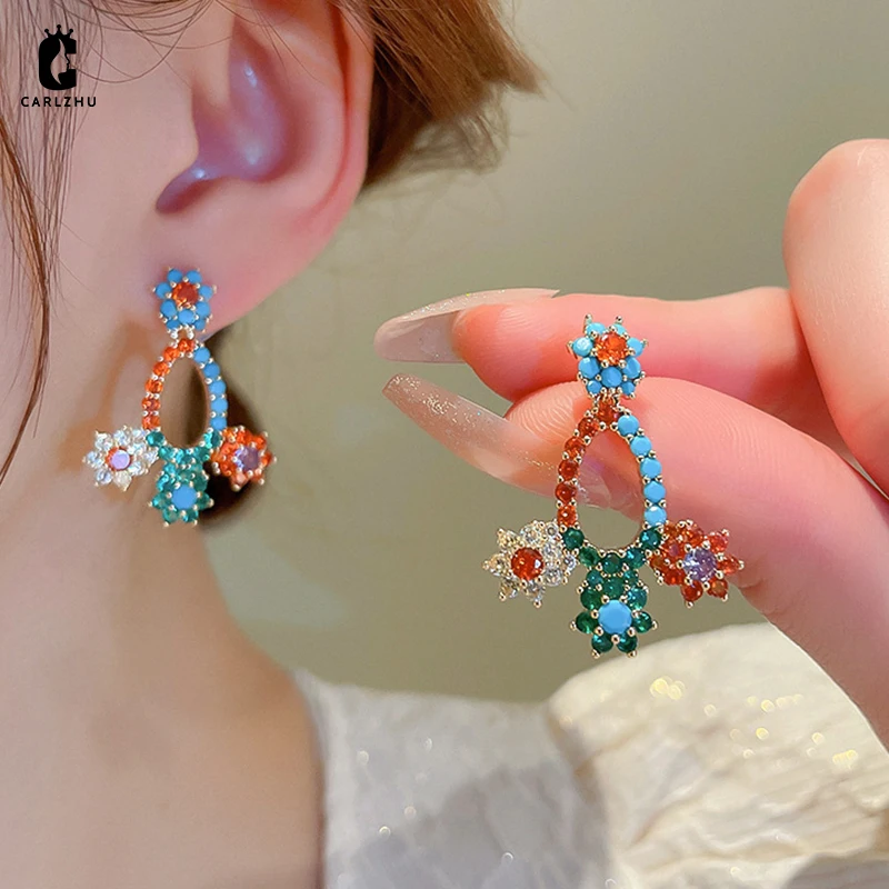 

Colorful Zircon Hollow Droplet Drop Dangle Earrings for Women Korea Fashion Sweet Light Luxury Versatile Party Jewelry