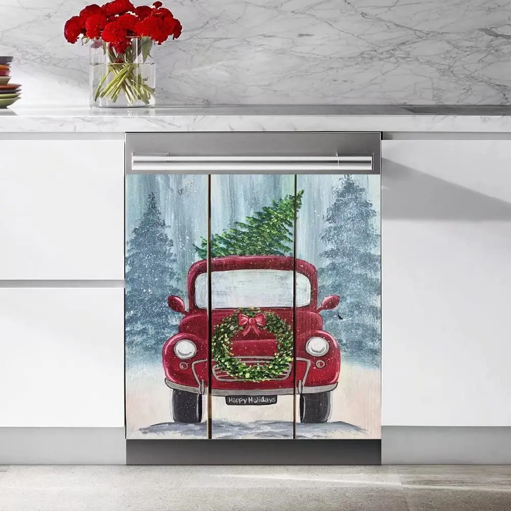 

Red Car and Christmas Trees Board Painting Magnetic Dishwasher Sticker,Reusable Kitchen Decorative for Refrigerator Washers Frid