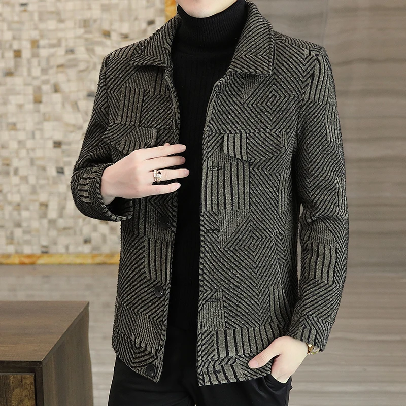 

Fashion Autumn Winter Striped Wool Blends Jacket Men Lapel Casual Business Trench Coat Social Streetwear Overcoat Men Clothing
