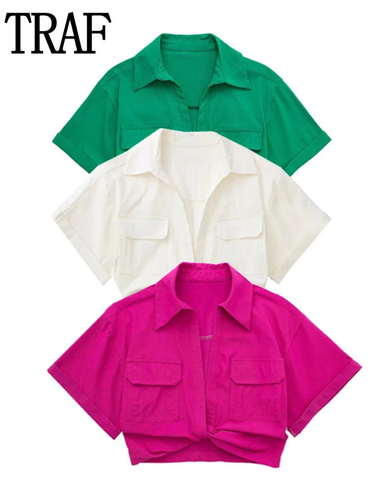 

Женская укороченная блузка с коротким рукавом, с воротником-стойкой