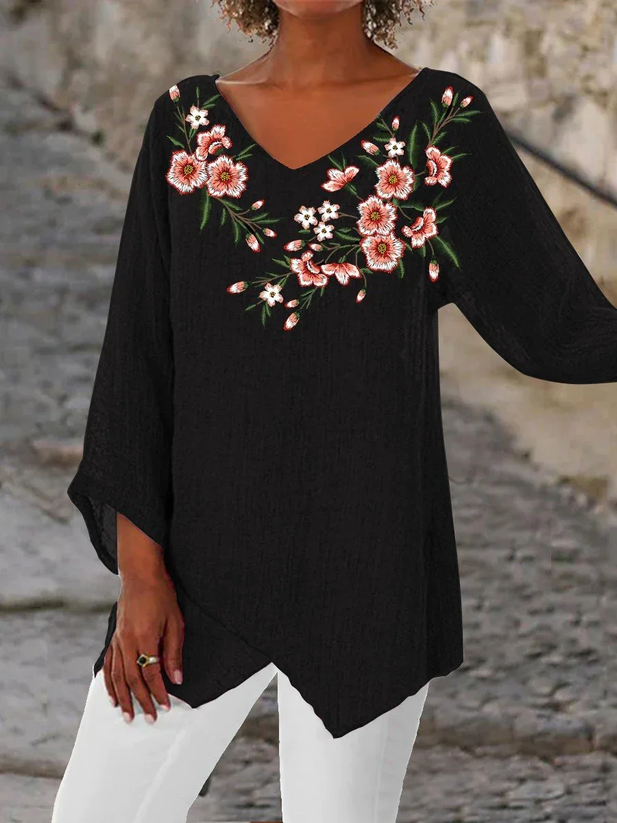 

Women's Flower Leaves Print Vintage Casual Top
