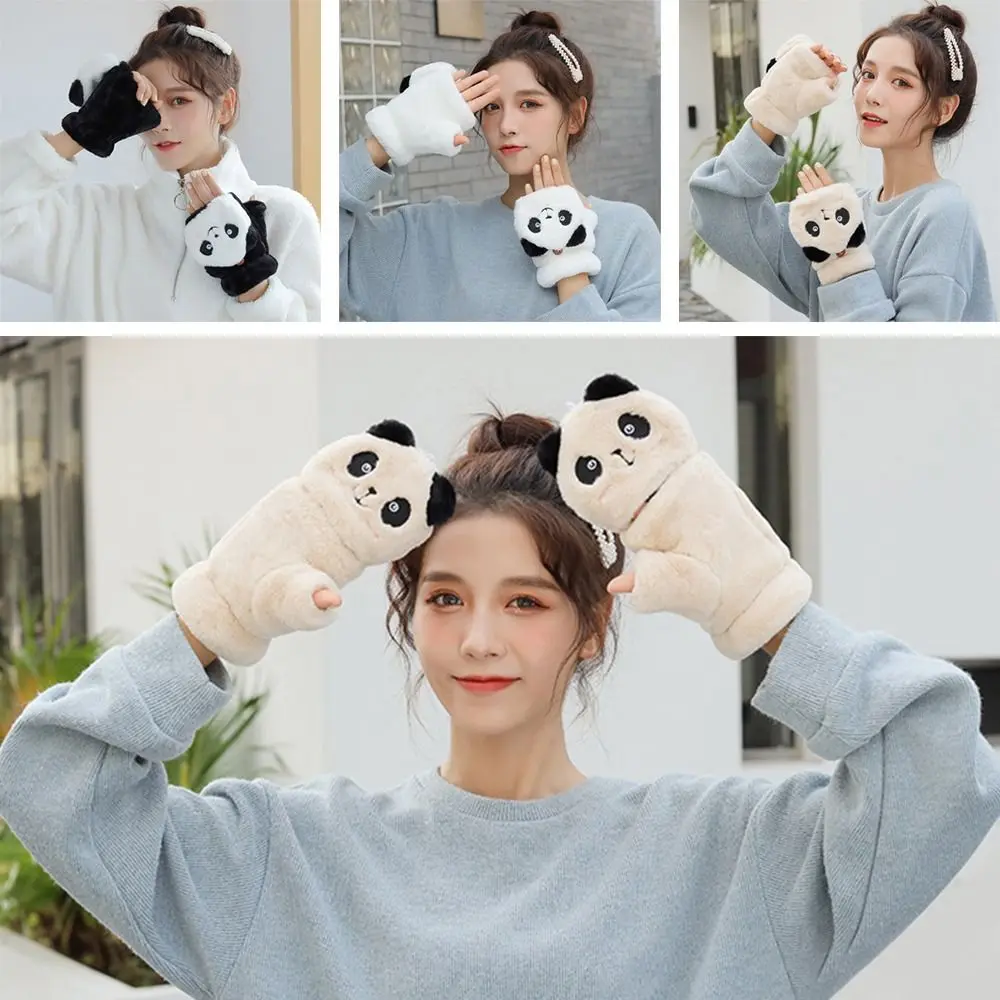 

Women Thick Warm Fur Rabbit Cute Panda Flip Half Finger Gloves Fingerless Gloves Plush Mittens Touch screen