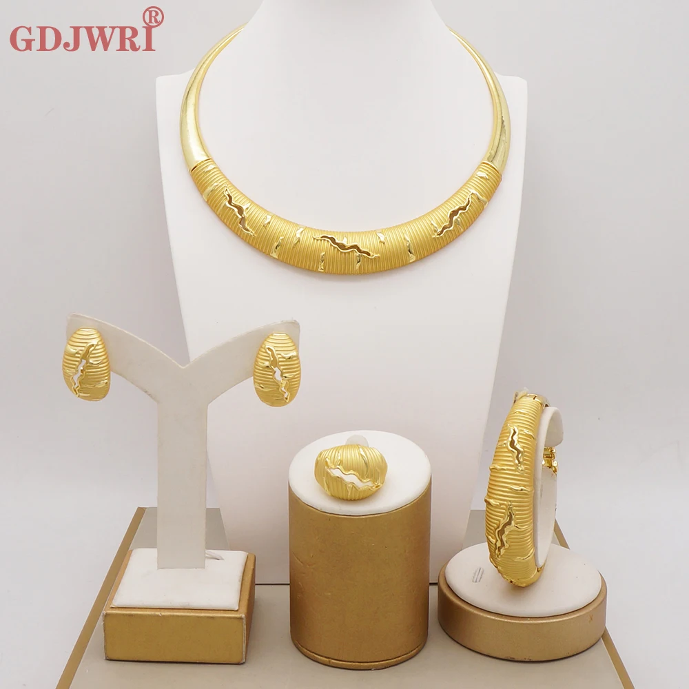 Latest Big Brazilian Gold Color Jewelry Set For Woman Necklace Bracelet Ring Earrings Set Wedding Italy Dubai Jewelr