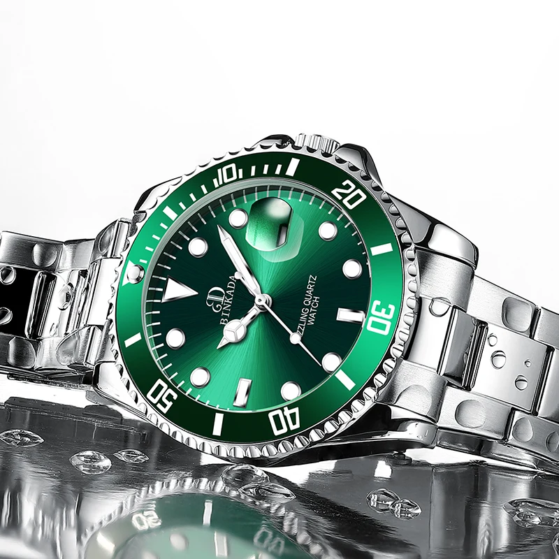 Binkada new top brand luxury business Men Quartz Watch Steel Strap calendar Watch for Man luminous clock waterproof Montre homme