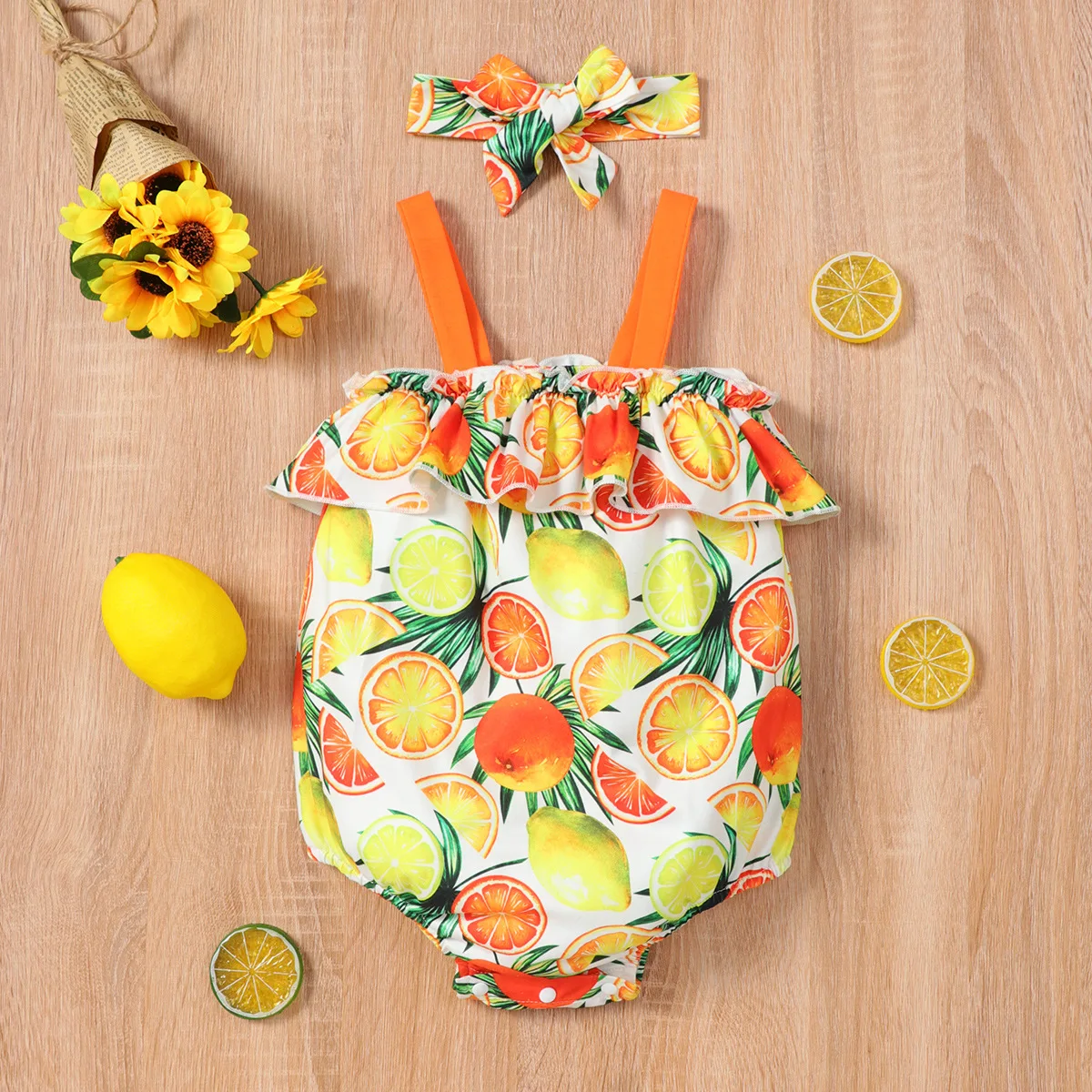 

Newborn Baby Girl Lemon Romper Beach Backless Slip Jumpsuit Summer Sleeveless Ruffle Sling Playsuit Fashion Style Fruit Bodysuit