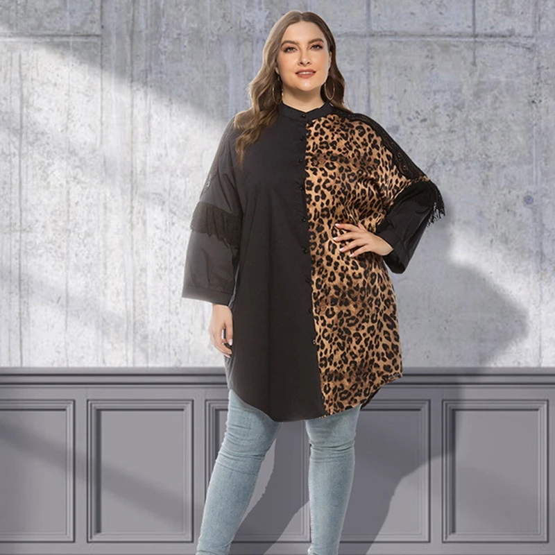 

Women Button Down Colorblock Leopard Print Casual Lace Long Sleeve Midi Dress