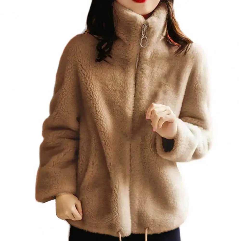 

High Collar Long Sleeve Pockets Drawstring Hem Zipper Closure Winter Coat Women Solid Color Double Sided Plush Overcoat