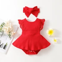 0 24m newborn baby girl romper rib round neck lace fly sleeve bottom snap jumpsuit bow headband sets toddler summer clothing