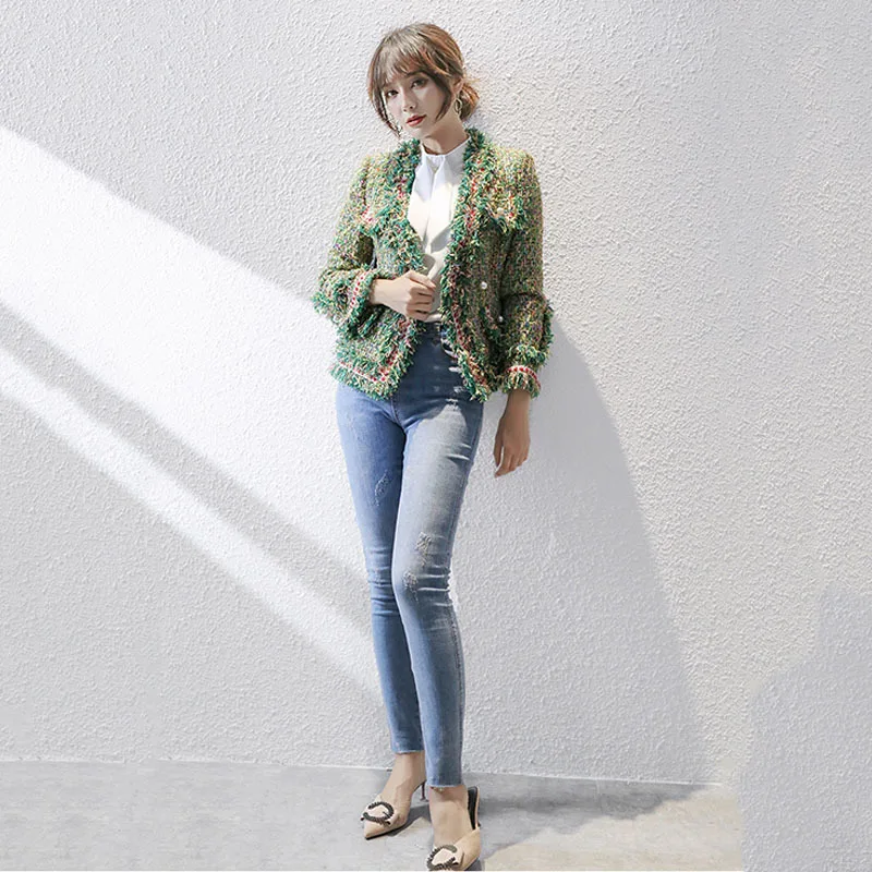 Женская однобортная винтажная твидовая шерстяная куртка пальто с кисточками