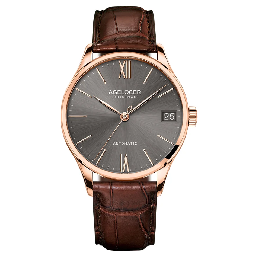 

AGELOCER Luxury Casual Mechanical Watches for Men Rose Gold Brown Dial Genuine Leather Strap Mechanical Automatic Watches 7073D2