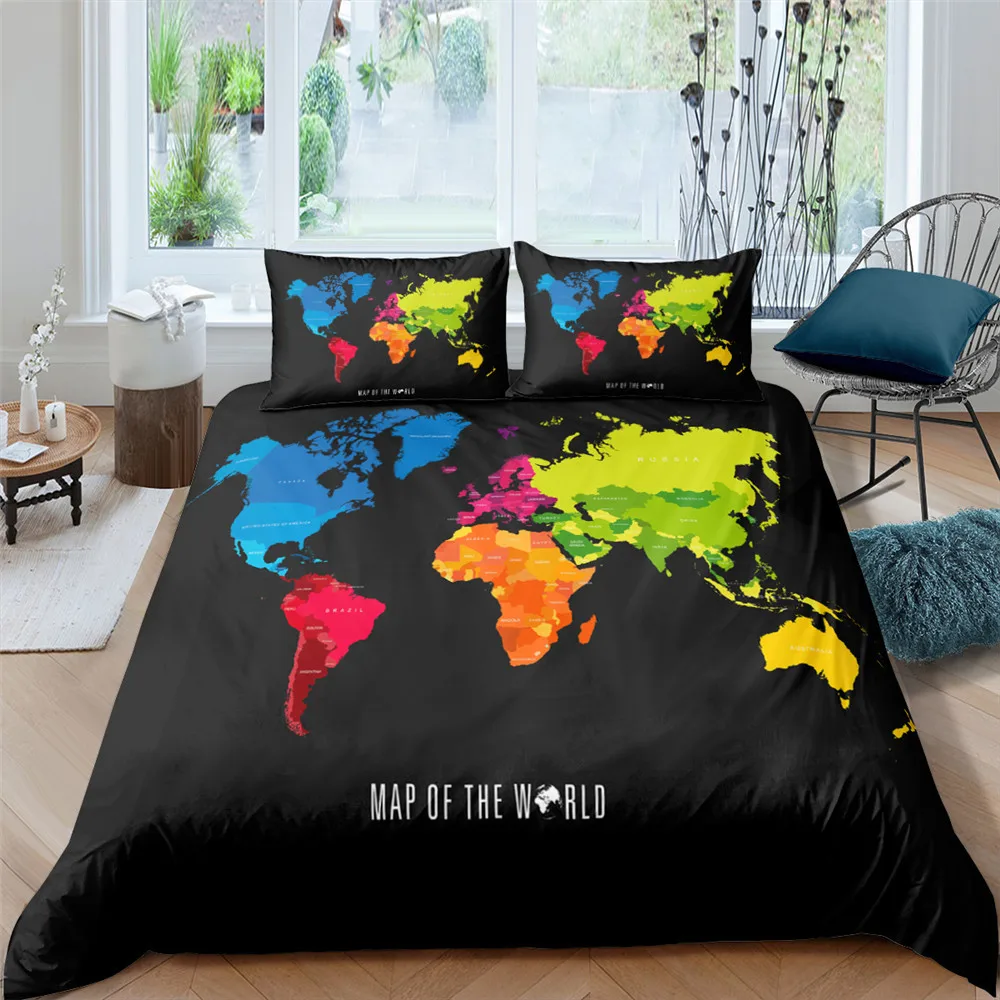 

3D HD National Map Print Polyester Comforter Cover Queen King Size World Themed Bedding Set For Teens Bedroom Quilt Cover 2/3Pcs